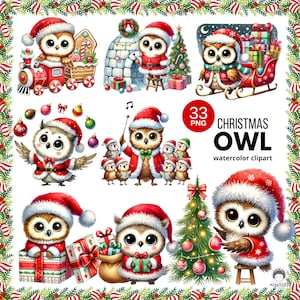 Op de afbeelding: Een set van 33 digitale aquarel-clipart afbeeldingen met schattige uilen die in kerstkledij zijn gekleed. De uilen dragen kerstmanmutsen, sjaals en houden cadeautjes vast. Sommige uilen zingen kerstliederen, terwijl andere een kerstboom versieren. De clipart is perfect om een feestelijke touch aan je kerstprojecten te geven.