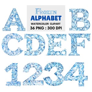 Frozen Alphabet Clipart Set | 36 Watercolor PNGs of Ice Crystal Letters and Numbers | Winter Font for Invitations, Frozen Party & Branding