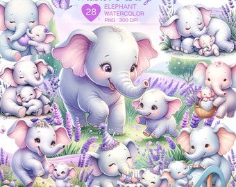 Mother and Baby Elephant Watercolor Clipart