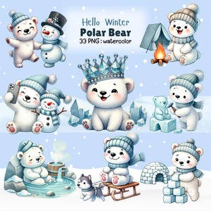 Cute Winter Polar Bear Clipart Bundle, 33 Watercolor PNGs