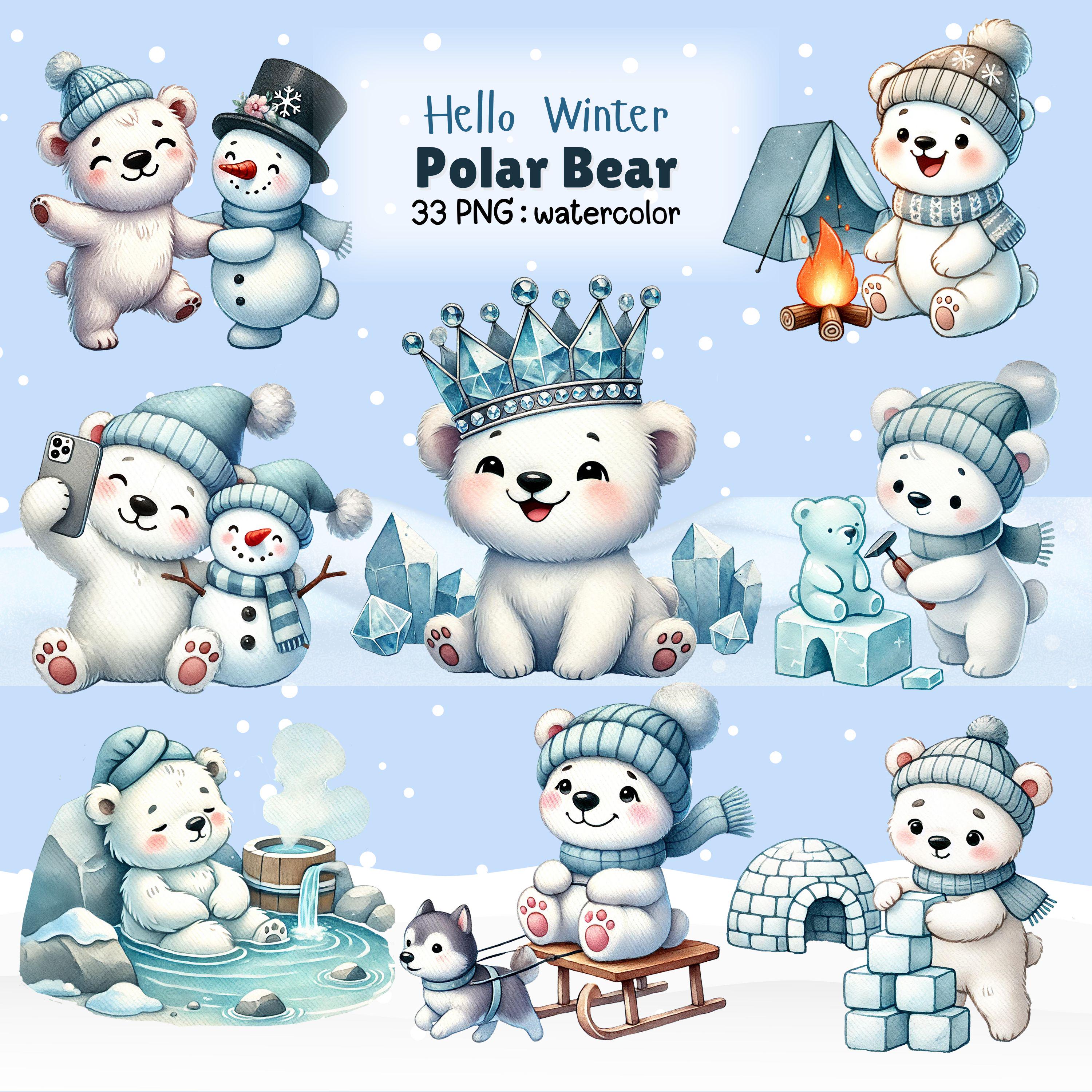 Cute Winter Polar Bear Watercolor Clipart Bundle (33 Pngs) - Etsy