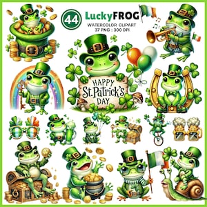 Puede incluir: Un conjunto de 37 imágenes de clipart de acuarela con lindas ranas verdes vestidas con atuendos de temática irlandesa. Las ranas sostienen varios artículos con temática del Día de San Patricio, como tréboles, monedas de oro, una olla de oro, una herradura, un sombrero de duende y una trompeta. El texto "Happy St. Patrick's Day" está incluido en el clipart.