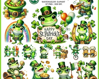 Lucky Frog St. Patrick&#39;s Day Clipart Bundle – 44 Watercolor PNGs, Leprechaun Frog Digital Illustrations, Irish Holiday Graphics, 300 DPI