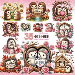 Bundle de cliparts Saint-Valentin hérisson, 35 fichiers PNG hérisson mignon, ensemble d'illustrations amour romantique, art numérique pour cartes et travaux manuels