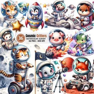 Clipart de acuarela de criaturas cósmicas: 36 PNG de adorables animales espaciales con trajes de astronauta, cohetes y aventuras galácticas