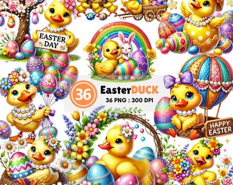 Easter Duck Watercolor Clipart – 36 PNG Cute Ducks with Easter Eggs, Flowers, and Spring Decorations