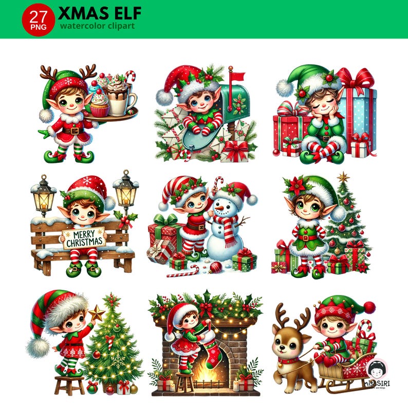 Elf Elements Christmas Elf Watercolor Clipart - 27 PNG Elf Elements for Holiday ...