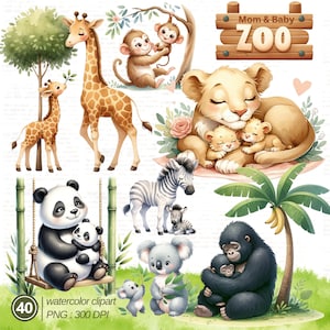 Watercolor Mom & Baby Zoo Animals - Nursery Art PNG