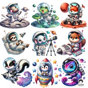 Cosmic Critters Watercolor Clipart – 36 PNG Adorable Space Animals With ...