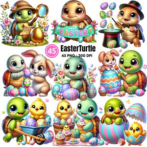 Pode incluir: Um conjunto de 45 imagens de clipart digital que apresentam tartarugas de desenhos animados fofas em várias poses com tema de Páscoa. As tartarugas seguram ovos de Páscoa, pintam ovos, usam orelhas de coelho e celebram a Páscoa. As imagens são perfeitas para criar cartões de Páscoa, convites e outras manualidades.