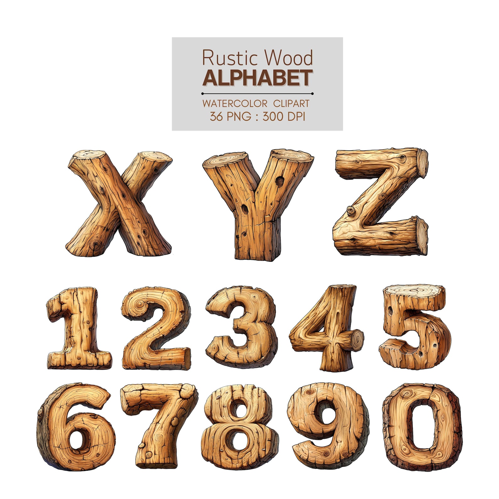 Rustic Wood Alphabet Clipart Set – Watercolor Letters & Numbers – 36 ...