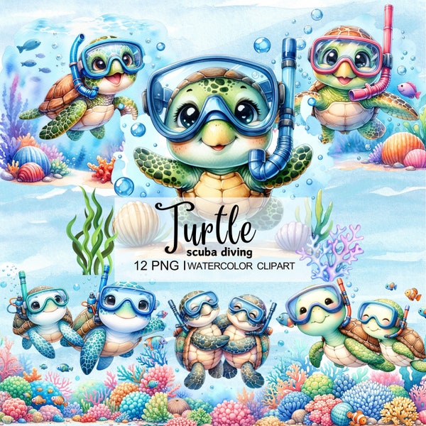 Adorable Scuba Diving Turtle Watercolor Clipart