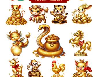 Golden Chinese Zodiac Clipart Set - 12 PNG Files, Luxury Zodiac Animal Illustrations, 300 DPI