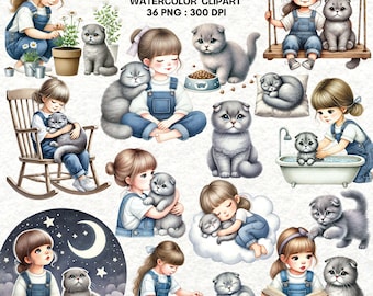 Girl and Cat Watercolor Clipart Bundle – 36 PNG Files of Sweet Pet Moments, Cute Girl and Kitten Illustrations for Craft Projects
