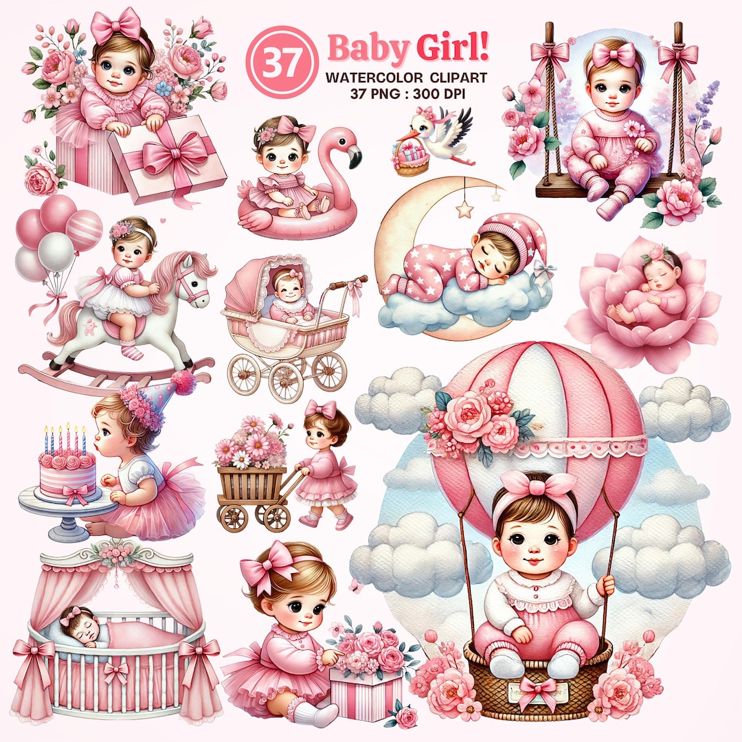Baby Girl Watercolor Clipart Set - 37 PNG Baby Shower Graphics - Pink ...