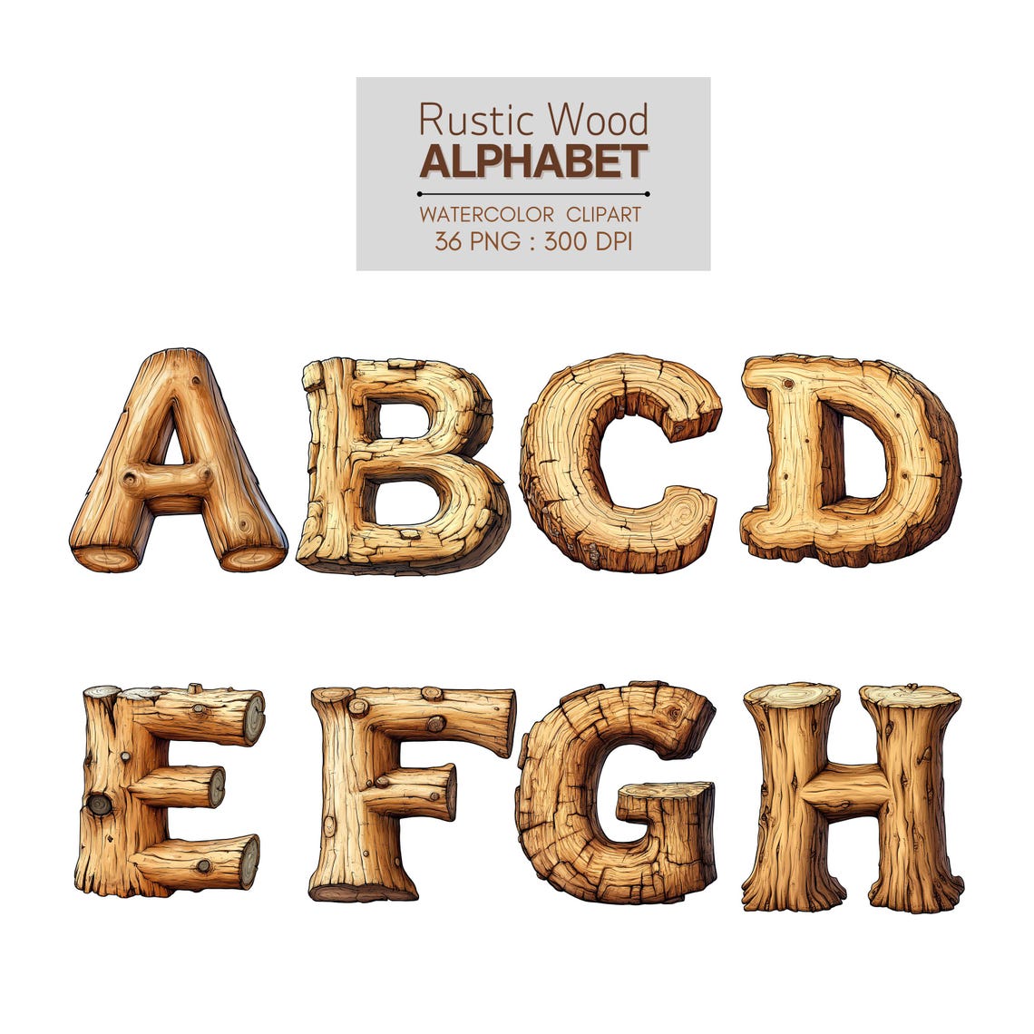 Rustic Wood Alphabet Clipart Set – Watercolor Letters & Numbers – 36 ...