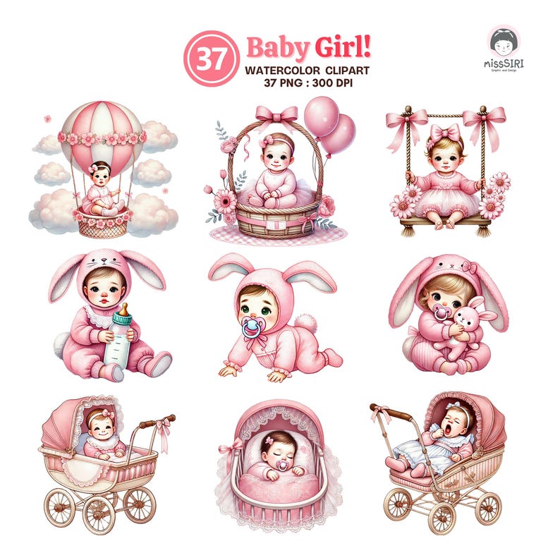 Baby Girl Watercolor Clipart Set - 37 PNG Baby Shower Graphics - Pink ...