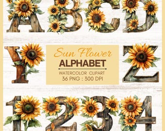 May include: A watercolor clipart alphabet with sunflowers and wooden letters. The letters are A, B, C, D, Y, Z, 1, 2, 3, and 4. The text "Sun Flower ALPHABET WATERCOLOR CLIPART 36 PNG : 300 DPI" is also included in the image.