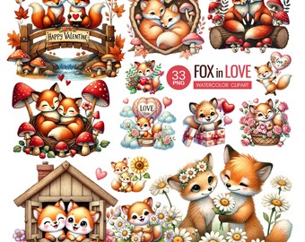 Fox in Love Watercolor Clipart Set, 33 PNG Romantic Fox Illustrations, Cute Valentine’s Day Animal Graphics, Sublimation & Craft Designs