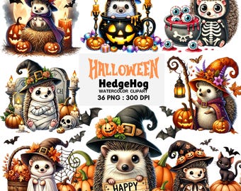 Ensemble de cliparts Halloween hérisson | 36 images PNG aquarelles de hérissons mignons en costumes avec citrouilles, chauves-souris, sorcières, squelettes et bougies