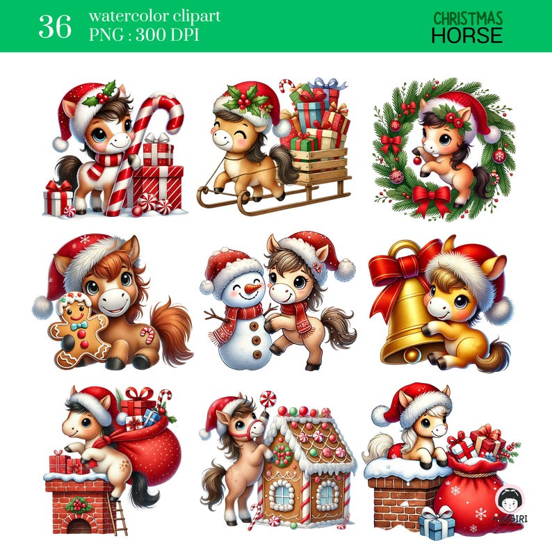 Christmas Horse Watercolor Clipart Set | 36 PNG Festive Pony ...
