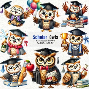 Paquete de imágenes prediseñadas de graduación de búhos académicos: 36 PNG de acuarela con búhos académicos con birretes, diplomas, libros y trofeos.