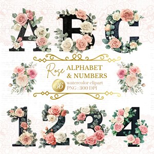 Alfabeto y números en acuarela con rosas, conjunto PNG de letras y números florales, 36 iniciales florales de alta resolución