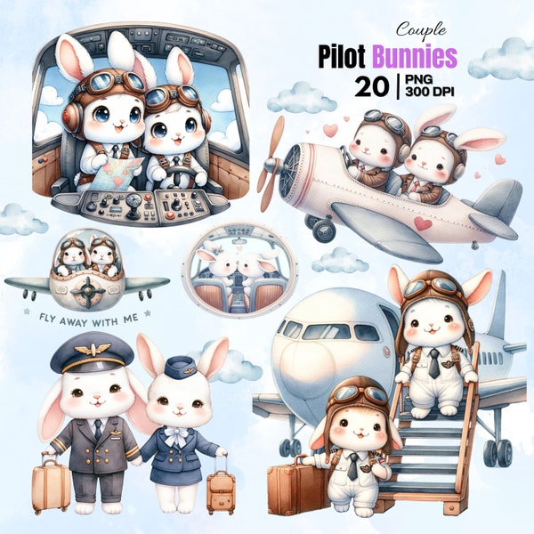 Cute Pilot Bunny Prints - Charming Aviator Rabbit Illustrations for Nursery