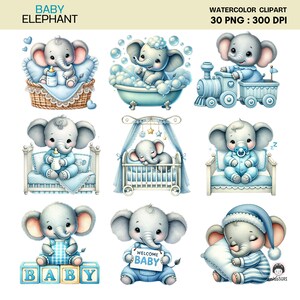 Baby Boy Elephant Clipart Set | 30 Blue Watercolor Pngs With Balloons ...