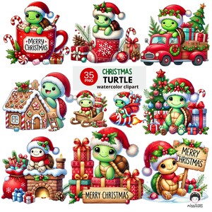 May include: A collection of watercolor clipart featuring Christmas turtles. The turtles are wearing Santa hats and are surrounded by holiday elements like gifts, candy canes, and a gingerbread house. The text "Merry Christmas" is visible in several images.
