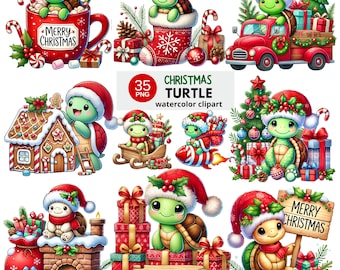 Kerstschildpad aquarel clipartset | 35 schattige kerstschildpadden in png-stijl met cadeaus, bomen, mokken, raketten en feestelijk decor