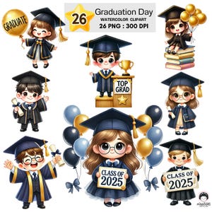 Puede incluir: Conjunto de imágenes prediseñadas de acuarela con graduados de dibujos animados con gorras y togas, sosteniendo globos y diplomas. El texto incluye "Graduation Day", "26 PNG" y "Class of 2025". Las ilustraciones son en azul marino, dorado y negro.