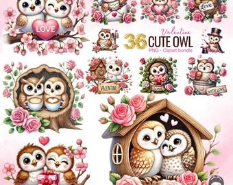 May include: A set of 36 Valentine's Day themed digital clipart images featuring cute owls in various poses and settings. The owls are depicted with hearts, flowers, and other romantic elements. The clipart is perfect for creating cards, invitations, scrapbook pages, and other crafts.