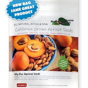 May include: A bag of California grown apricot seeds from Nature's Choice Supplements. The bag is white with a blue and green label. The label says "All Natural, Bitter & Raw" and "Pesticide Free - GMO Free - Gluten Free - Vegan - Made in the USA". The bag also has a green sticker that says "New Packaging, Same Great Product!"