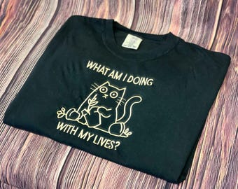 What am I Doing with My Lives? - Personalized Cat Lover T-Shirt, Black Cat Embroidered Tee, Custom Cat Gifts, Comfort Color Cat Gift