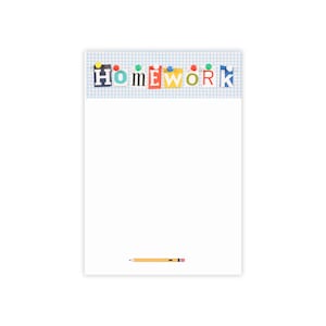 May include: A white notepad featuring the word "HOMEWORK" in colourful block letters at the top, pinned to a grid-lined background. A yellow pencil with a pink eraser is at the bottom of the page.