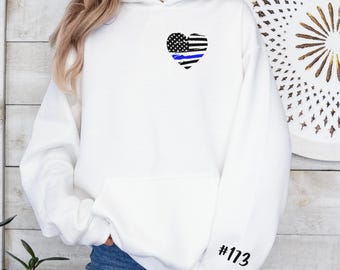 Personalized Police Name / Badge Number Hoodie, Custom Police Wife Sweatshirt Pullover, Back The Blue Sweater, Law Enforcement Gift Women