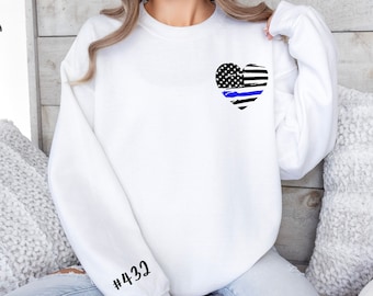 Personalized Police Name / Badge Number Sweater, Custom Police Wife Sweatshirt, Back The Blue Sweater, Law Enforcement Gift, Gifts for Women
