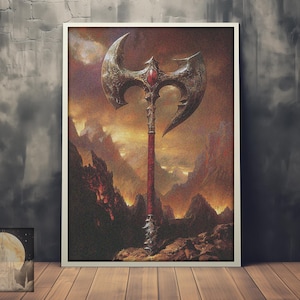 Ascia da battaglia di rubino - Arte murale fantasy oscura - Poster/stampa fantasy medievale