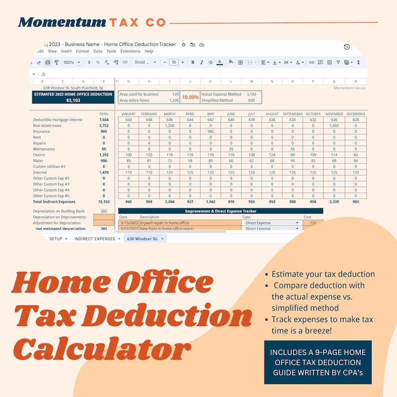 Home Office US Tax Deduction Calculator Google Sheet Template Etsy