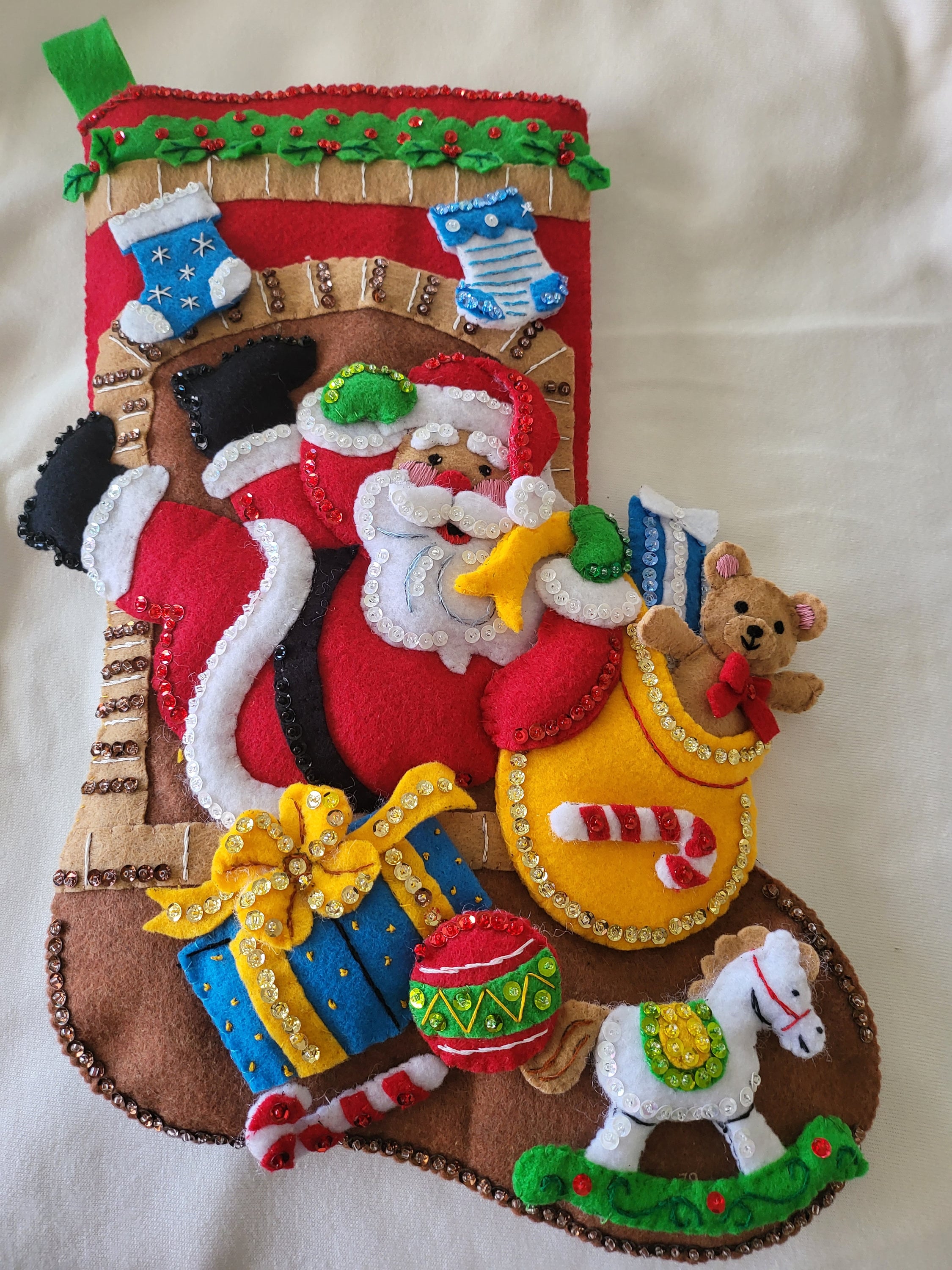 Christmas Stocking, Finished Bucilla Kit, Handmade FIREMAN SANTA