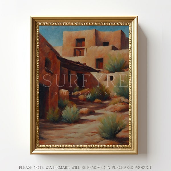 PRINTABLE Desert Landscape Pueblo House Wall Art | Digital Download Southwestern Art Print | Surfyre Studios Prints