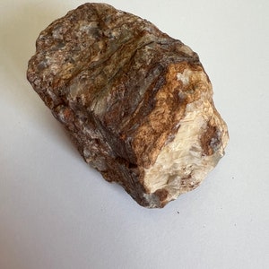 May include: A large, irregularly shaped rock with brown, white and grey streaks and swirls.