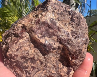 May include: A large, irregularly shaped rock with a brown and pink mottled surface. The rock has a rough texture and appears to be made of granite.