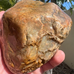 May include: A large, naturally shaped rock with a smooth, polished surface. The rock displays a mix of brown, tan, and cream colors with subtle veining. The stone is held in a hand, showcasing its size and texture. A natural stone.