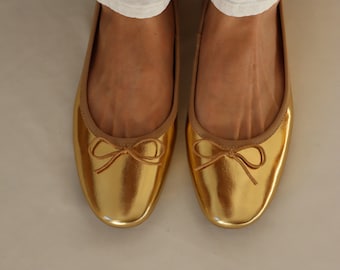 Goldene Ballerinas aus echtem Leder handgemacht I Glänzendes goldenes Leder Ballerinas I Elegante goldene Leder Ballerinas I Hochzeitsparty Ballerinas