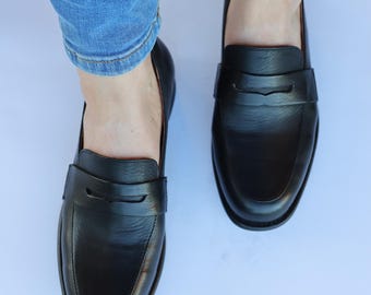 Handmade Black Leather Loafers, Women's Calfskin Slip-Ons