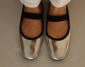 Handmade Silver Leather Mary Jane Ballet Flats