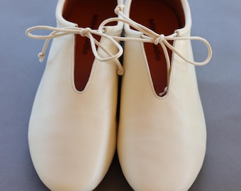 White Lace-up Handmade Real Leather Shoes I Woman White Flat Leather Shoes I White Real Leather Shoes I