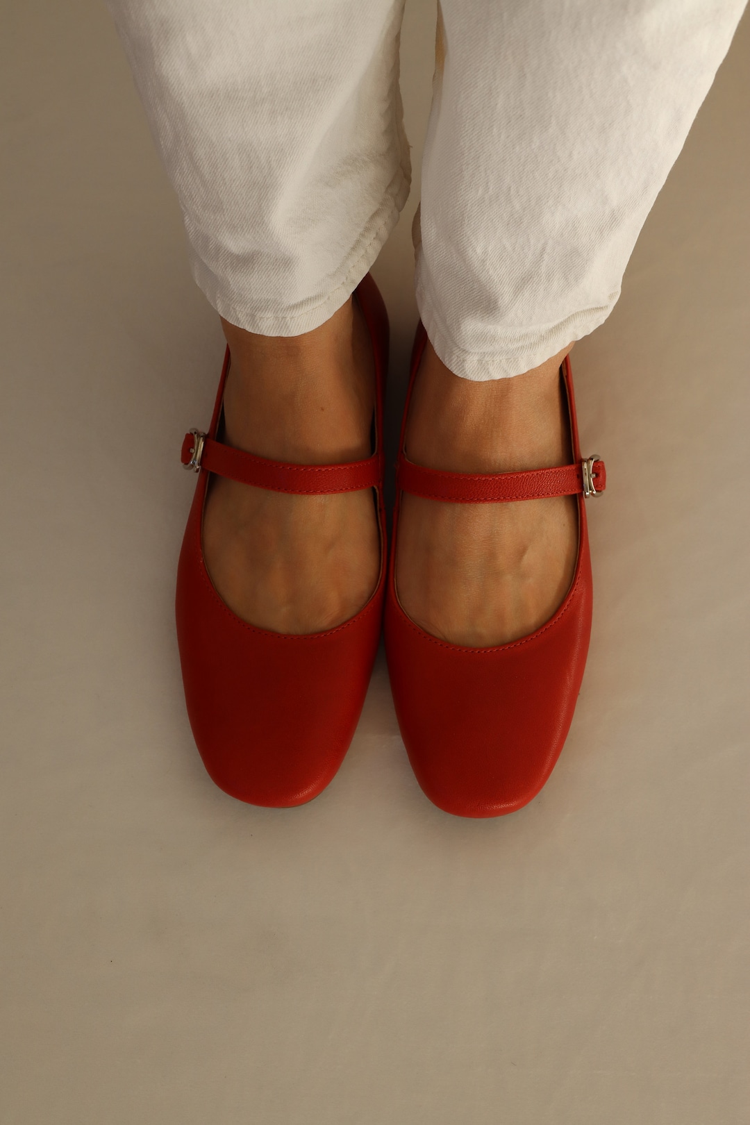 Red Maryjane Handmade Real Leather Shoes I Woman Red Ballerinas I Slipon Red Ballerinas I Red